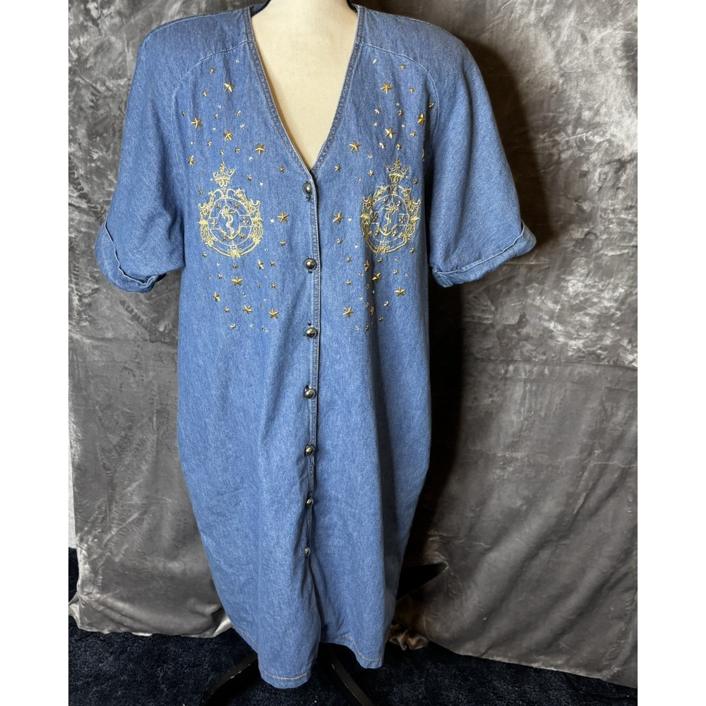 Vintage Bingo Bingo‎ Denim Dress Size 2X Blue Embroidered Rhinestones Pockets